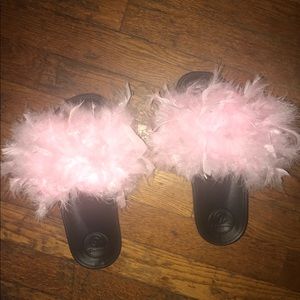 Pink and black fur feathered Slides